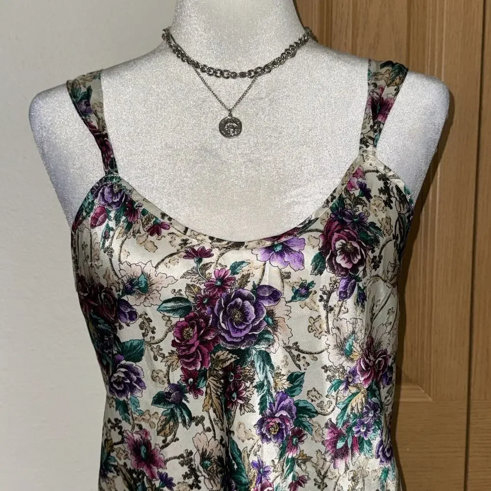 Vintage 90s Adonna Slip Dress Women's Medium Floral Beige Purple Satin Sleepwear - Picture 4 of 10